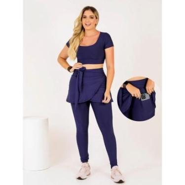 Imagem de Conjunto Calça Legging Saia Com Bolso Laço Top Cropped Moda Fitness Evangélica Academia...
