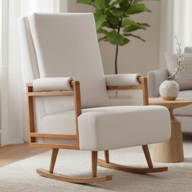 Imagem de Poltrona de Amamentação Com Balanço Base Milka Líria D02 Linho Off White B-410 - Lyam Decor