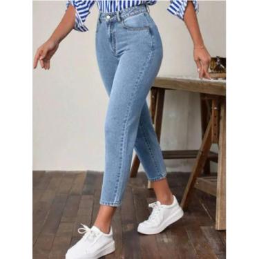 Imagem de Calça Jeans Feminina De Cintura Alta Com Bolsos, Micro Elástica, Perna