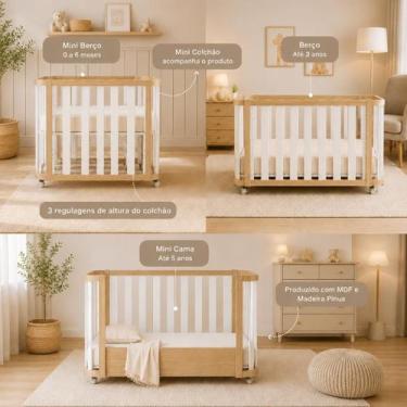 Imagem de Berço 3 em 1 Evolutivo com mini colchão incluso MDF e Madeira Maciça Q