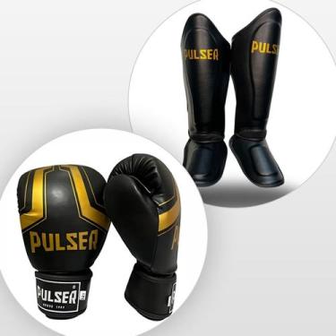 Imagem de Kit Caneleiras 30 MM Minimal e Luvas Muay Thai Iron Preto Dourado Puls