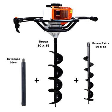 Imagem de KIT Perfurador de Solo Vulcan VPS520-S 2T 52CC 2,5HP com Broca 80x15cm + Broca Extra 80x12cm + Extensão Extra 50cm com Pino Trava