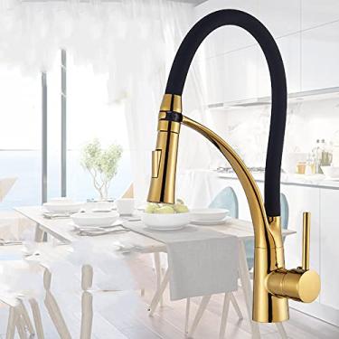 Imagem de Torneira de pia de cozinha led preto giratório pull down torneira de pia de cozinha montada deck de banheiro montado misturador de água quente e fria, ouro sem led, china