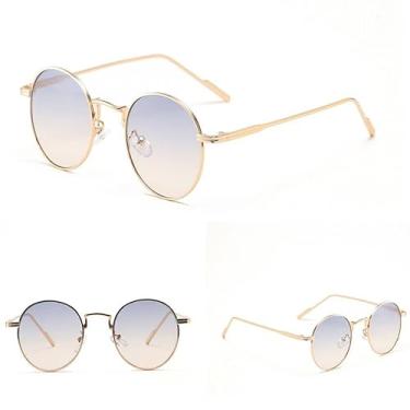 Imagem de Armação de metal redonda óculos de sol para homens estilo retro masculino pequenos óculos de sol para mulher uv400 marrom amarelo gradiente, lente azul amarelo, um tamanho