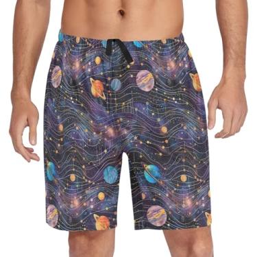 Imagem de CHIFIGNO Shorts de pijama masculinos, calças de pijama casuais macias com bolsos e cordão, Planetas e constelações roxos, G