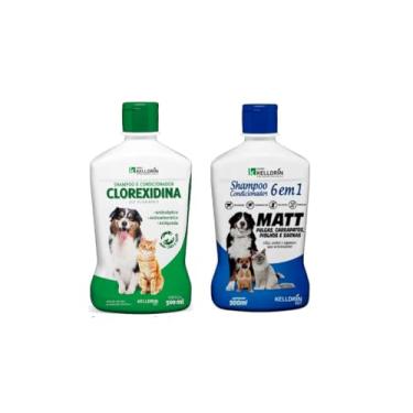 Imagem de Kit 1 Shampoo Clorexidina 5 em 1 500ml e 1 Shampoo e Condicionador Matt Pulgas 6 em 1 500ml Kelldrin