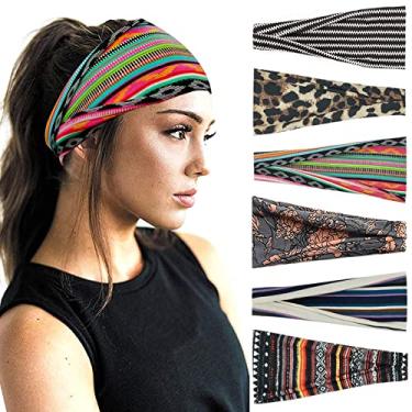 Imagem de Faixas de cabelo Boho para mulheres, moda larga, faixa de cabeça para ioga, treino, acessórios de cabelo, pacote com 6