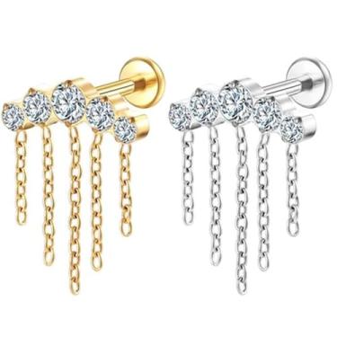 Imagem de Piercing Helix Conch Labret Titânio Pvd Cluster Correntaria 5 Zircônias 1,2x8mm (Dourado)