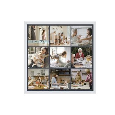 Imagem de Porta Retrato Quadro Parede 9 Fotos 20x20cm Moldura 70x70cm Painel Fotográfico Decoração Parede Paspatur Preto com Vidro (Branco)