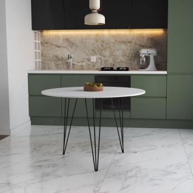 Imagem de Mesa de Jantar Redonda 90cm Branca Clips 3 Pés Ferro Preto - CASA PRIM