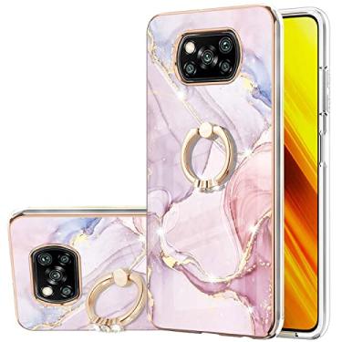 Imagem de Monwutong Capa de telefone para Xiaomi Poco X3 NFC, IMD mármore padrão brilhante anel suporte capa para meninas, lente de câmera e capa protetora de tela para Xiaomi Poco X3 NFC, ZHDD ouro rosa