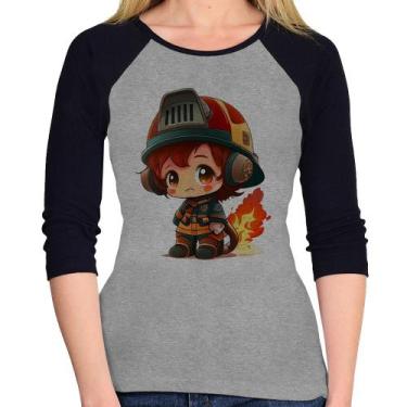 Imagem de Baby Look Raglan Bombeiro Mirim Manga 3/4 - Foca na Moda, Cinza, Preto