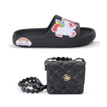 Imagem de Sandália Chinelo Infantil Unicornio Slide Nuvem Menina + Bolsinha - Ca