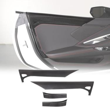 Imagem de Capa de acabamento de painel interno de fibra de carbono real compatível com Chevrolet Corvette C8 Stingray 2020-2024, decoração da tampa da moldura do painel superior da porta interna, 4 peças (preto