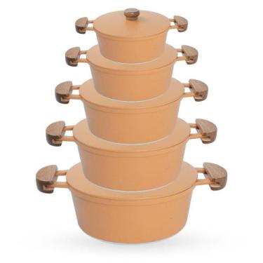 Imagem de Jogo de Panelas 5 Peças De Alumínio Fundido Com Alça De Madeira e Tamp