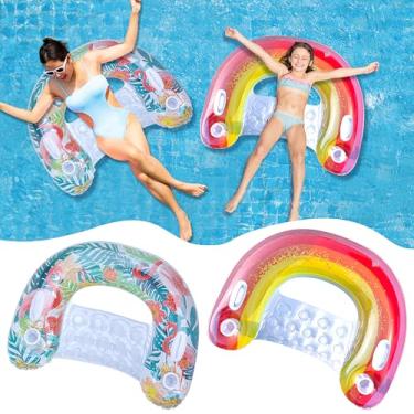 Imagem de ARefugen Pacote com 2 boias infláveis para piscina: espreguiçadeira inflável com porta-copos em flamingo e arco-íris com glitter para adultos, relaxante, piscina, praia, lago, festa, verão, diversão
