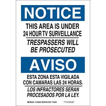 Imagem de Brady Placa bilíngue 124040, legenda "This Area is Under 24 Hour TV Surveillance Trespassers Will Be Prosecuted", 35,5 cm de altura, 25,4 cm de largura, preto e azul em branco