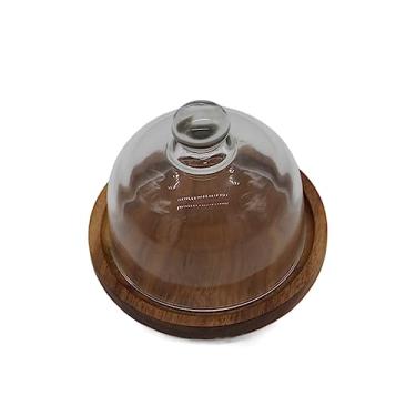 Imagem de Leadigol Mini Prato De Sobremesa Madeira, Suporte Para Bolo Com Cúpula Vidro, Bandeja Redonda, Pratos Servir Tampas Exibição