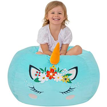 Imagem de Aubliss Capa De Pufe Para Guardar Bichinhos Pelúcia - Veludo Unicórnio (Sem Feijão) Organização Grande Sentar E Brincar Com Brinquedos Infantis (Grande, Ciano)