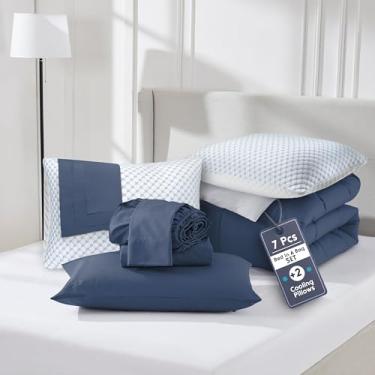 Imagem de Nestl Conjunto de edredom solteiro GG de 7 peças – Cama reversível azul-marinho em uma bolsa – Conjunto completo de cama solteiro GG com lençóis, travesseiros refrescantes, fronha e fronha