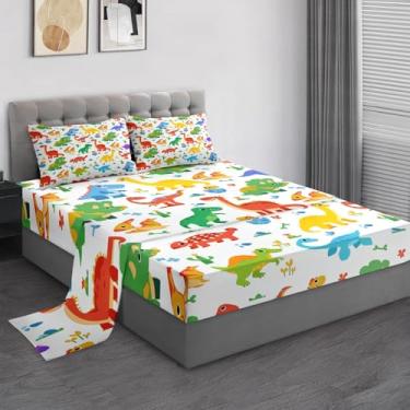 Imagem de Pamnest Jogo de lençol queen size, dinossauro colorido, 4 peças, decoração de quarto de crianças e adultos, lençol com elástico e 2 fronhas