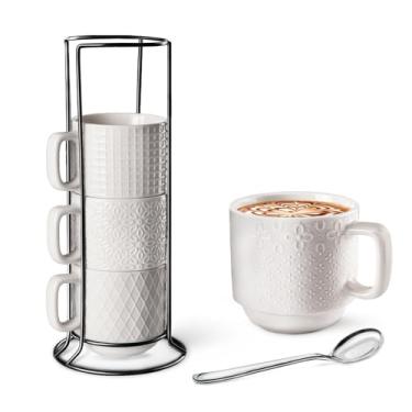 Imagem de SPIPER Conjunto de 4 canecas de café grandes com suporte e colheres – Copos de cerâmica resistentes de 400 ml para café da manhã, bebidas quentes, cacau – Seguro para micro-ondas e lava-louças
