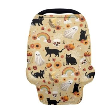 Imagem de Wanyint Capa de assento de carro infantil para bebês, meninos e meninas, dossel para amamentação, carrinho de bebê, cadeira alta, decoração de Halloween, gato preto, caveira, fantasma, abóbora