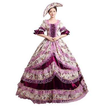 Imagem de CountryWomen Vestido rococó dos anos 1700 Maria Antonieta, vestido renascentista, vestido de baile, vestido vitoriano, de brocado, vestido de baile, Rococó roxo, X-Large