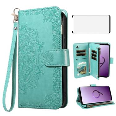 Imagem de Asuwish Capa de celular para Samsung Galaxy S9 capa carteira com protetor de tela de vidro temperado e flor flip porta-cartão de crédito suporte suporte S 9 Edge 9S GS9 mulheres homens verde