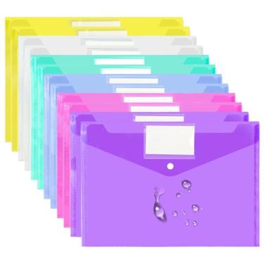 Imagem de VANRA Pacote com 12 envelopes de plástico, envelopes de poli, pastas de documentos transparentes, envelopes de arquivo com botão de pressão e bolso de etiqueta para escritório, escola, tamanho carta
