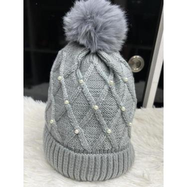 Imagem de Touca de Inverno com Pelúcia Feminina com Pompom e Perolas Touca Quent