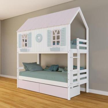 Imagem de Beliche Casinha Bela Com Coração 2 Gavetas Rosa Madeira Maciça Branco/