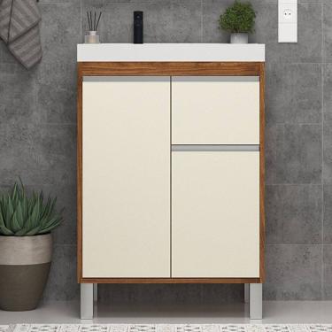 Imagem de Gabinete de Banheiro 60cm com Lavatório 2 Portas 1 Gaveta Soft Amêndoa/Off White