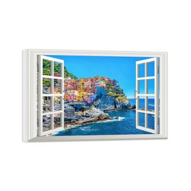 Imagem de Falsas Janelas Paisagens Impressões em Tela-Edifícios coloridos mar-Quadro Arte Moderna-Natureza Pintura Pronta para Pendurar Tela Embrulhada 20x30cm