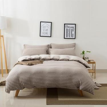 Imagem de AMWAN Conjunto de edredom de malha jersey 100% algodão com listras cáqui e marrom claro, tamanho casal, reversível, 1 edredom com 2 fronhas para adultos e adolescentes