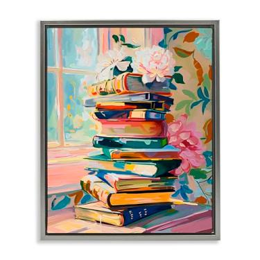 Imagem de Stupell Industries Vivid Bookstack by Window Gray Framed Floater Canvas Wall Art, design by Arlington Prints, 21 x 17