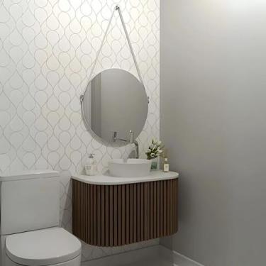 Imagem de Gabinete Banheiro Ripado 80cm Cuba Ardósia e Espelho Redondo - Rainha 