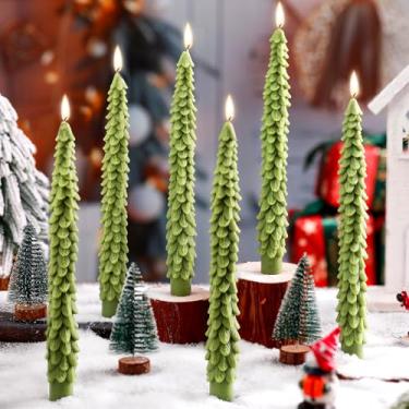 Imagem de Conelist 6 peças de velas em forma de árvore de Natal, velas perfumadas de cera de Natal, verde escuro, decoração de árvore de Natal para véspera de Natal, festa de inverno, ano novo, quarto