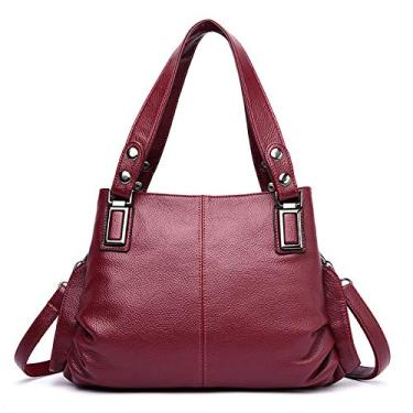 Imagem de Bigfanshu Bolsa feminina de couro legítimo com 3 bolsos, bolsa de mão de luxo, Vermelho, 33 X 14 X 22 CM