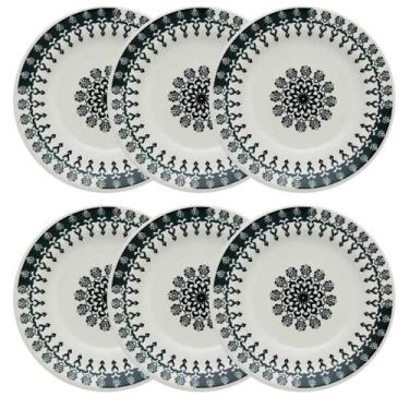 Imagem de Kit Jogo 6 Pratos Sobremesa Biona Folk em Cerâmica Decorada 18 cm - Ox