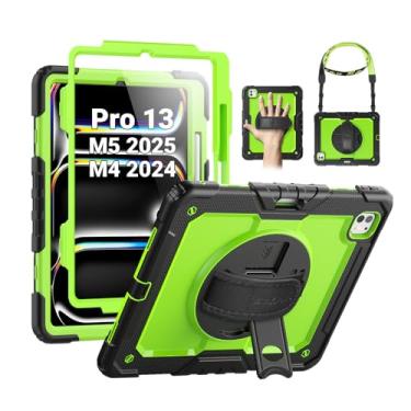 Imagem de SEYMAC Capa para iPad Pro 13 polegadas M5 2025 / M4 2024, capa protetora resistente à prova de choque com protetor de tela, suporte giratório de 360°, alça de mão/ombro e suporte para caneta, verde
