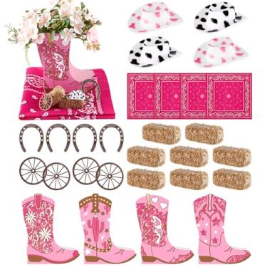 Imagem de Amyhill Conjunto de 4 peças centrais de mesa de vaqueira ocidental, decorações de festa com pingente de ferradura, fardos de feno, vaqueira, bandanas, botas, caixas de flores para despedida de