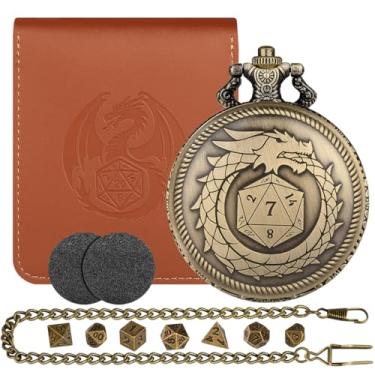 Imagem de Mini D&D Dice Set with Bronze Steampunk Dragon Swallow Tail Pocket Watch Shell Case, DND Dice Bag, 7pcs Polyhedral Dice Set, Portable DND Starter Set, Board Games Accessories, RPG MTG Gifts