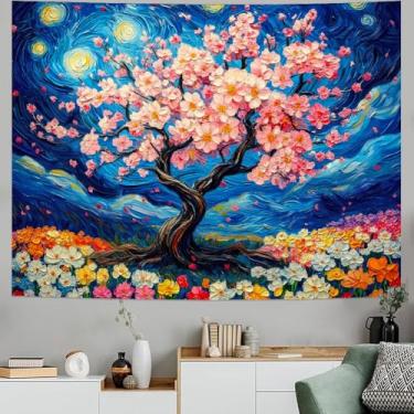 Imagem de Amhokhui Tapeçaria de céu estrelado, tapeçaria de árvore de cerejeira, galáxia, espaço, tapeçarias de flores florais coloridas, arte estética, fantasia, paisagem, decoração de parede para casa