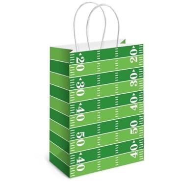 Imagem de 12 peças de sacos de presente de campo de futebol com alça, saco de doces de papel de campo de futebol para lembrancinhas esportivas para decoração de festa de aniversário com tema de futebol