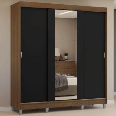 Imagem de Guarda-roupa Casal com Pés 3 Portas de Correr com Espelho Rustic/preto Reno Madesa