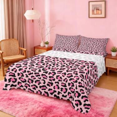 Imagem de Castle Fairy Jogo de cama Queen luxuoso de pele de animal selvagem, lençol de pele de guepardo africano, estampa de leopardo rosa (1 lençol com elástico, 1 lençol de cima, 2 fronhas) lençóis luxuosos