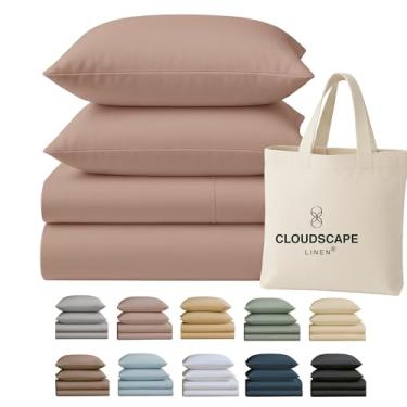 Imagem de Conjunto de lençóis Cloud Scape Linen 100% algodão egípcio 4 peças California King, 400 fios, qualidade hoteleira, sedoso, macio, respirável, durável, bolsos profundos até 17, rosa sépia