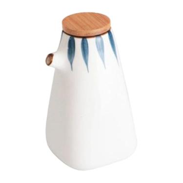 Imagem de DimyFew Dispensador de óleo de cerâmica para cozinha, fácil de usar, ao calor, com tampa de madeira, pequeno, para molho ponzu, molho de soja, Style C
