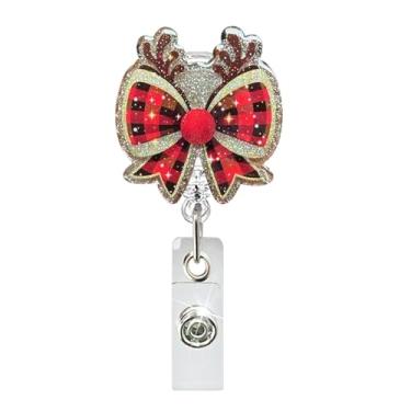 Imagem de Carretel de crachá de chifre de alce de Natal retrátil de acrílico para inverno, lindos suportes de crachá de laço com listras vermelhas com design plano, carretéis de crachá de Natal para enfermeiras